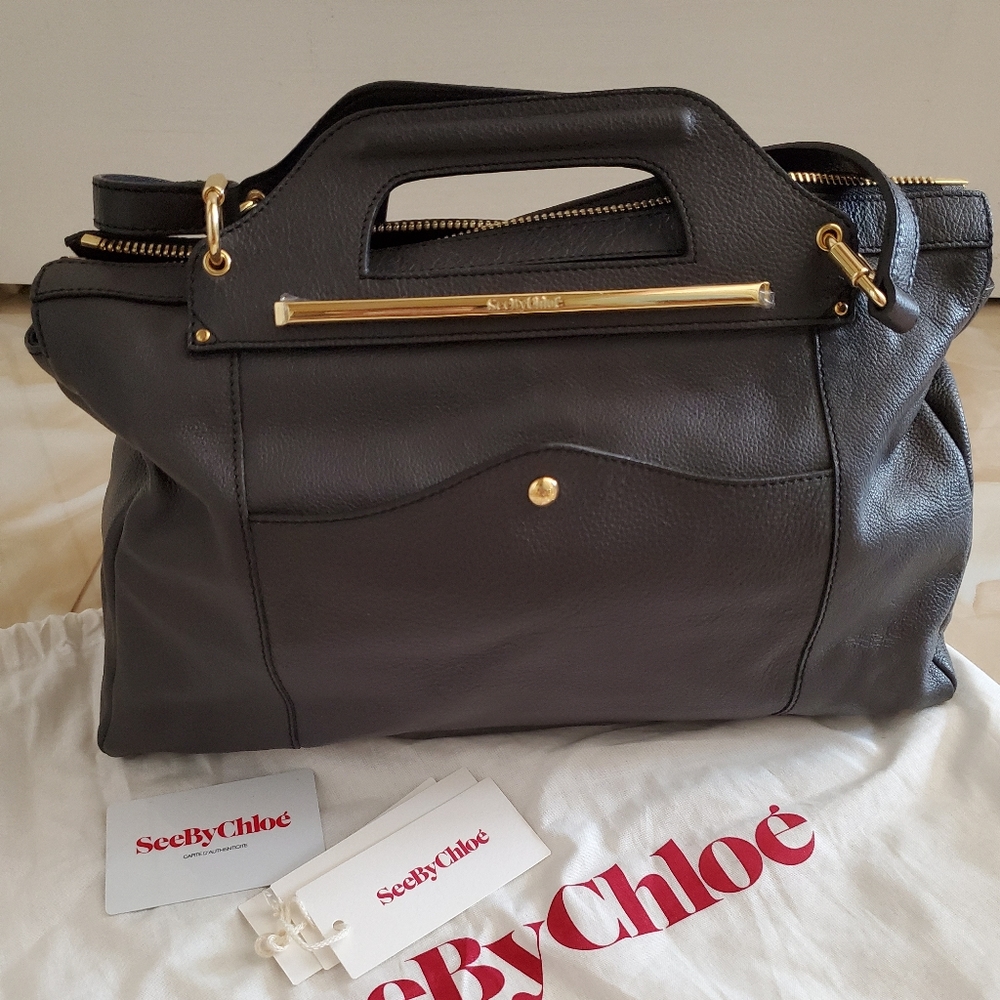 See By Chloe Gray Shoulder Bag with Gold Accents